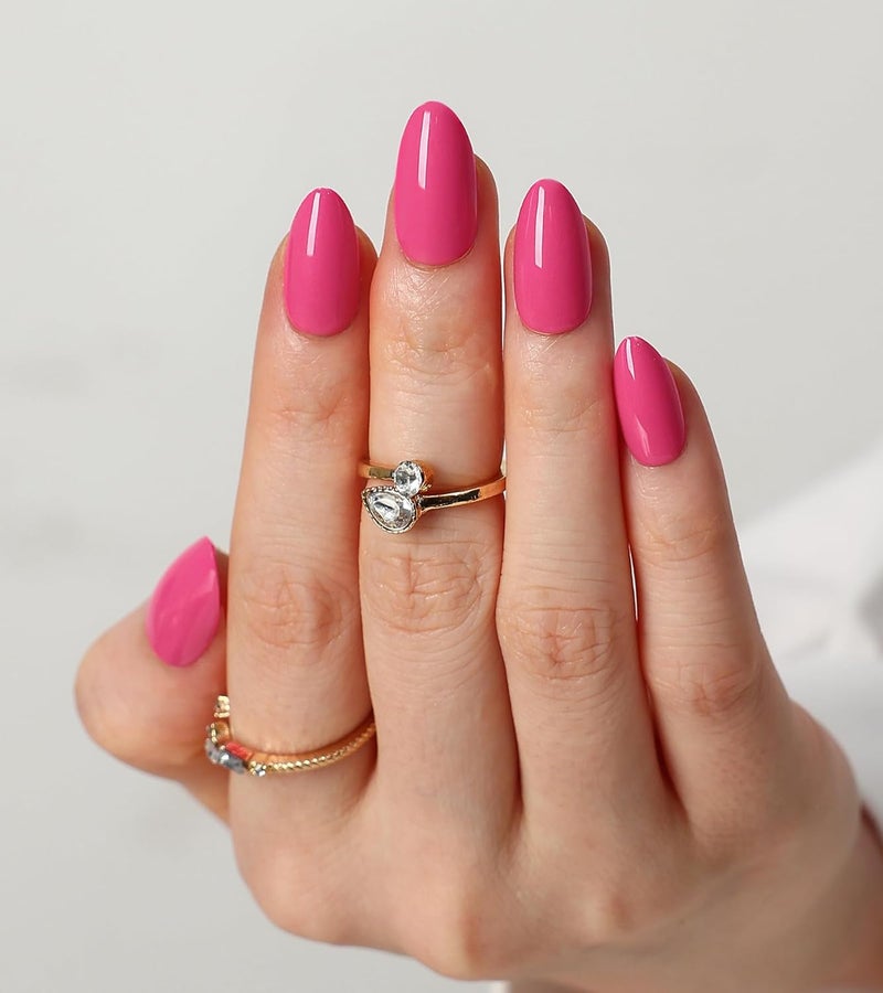 morily 30Pcs Hot Pink Press on Nails Almond, Short Fake Nails Glossy Acrylic False Nails Reusable Full Cover Stick on Nails for Women, 15 Sizes, Thicker Fingertips - Image 1